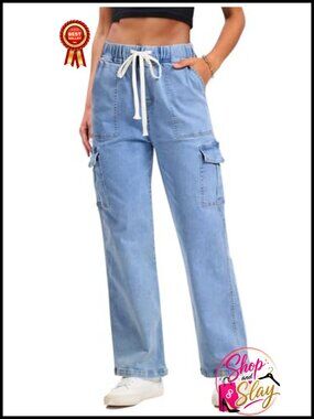 Cargo Jeans Stretchy Baggy Drawstring Denim Pants